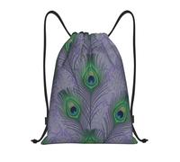 Peacock Feather On Purple Damask Wallpaper Digital Art Zaino da Palestra Regolabili Borsa da Ginnastica Impermeabile Sacca Zainetto per Sport Viaggio All'Aperto 39X46Cm