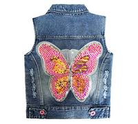 Peacolate Little Big Girl Outfit Giacca senza maniche con paillettes ricamate farfalla denim gilet, Farfalla, 3-4 anni