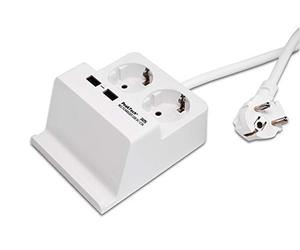 PeakTech 3125, Presa di corrente da tavolo con 2 x 230 V Schuko e 2 caricabatterie USB da 2,5 A, ciabatta con blocco di sicurezza per bambini, incl. supporto per smartphone e tablet, antiscivolo