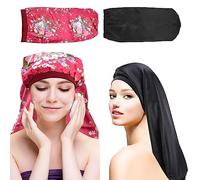 PEALOVCOM 2 Pz Cuffia da Notte Berretta da Notte Lunghi Cappuccio da Notte Cuffia di Seta per Dormire Cuffia Notte per Capelli Ricci Cofano Lungo in Raso per Donne e Ragazze (Nero, Fiore)