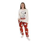 Peanuts Pigiama da Donna Snoopy a Maniche Lunghe e Gambe Lunghe Color Crema e Rosso in Pile con Motivo dei Personaggi dei Cartoni Animati | Perfetto per Il Comfort a casa o Prima di Andare a Letto