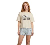 Peanuts Set Pigiama da Donna Snoopy Color Crema a Maniche Corte | Pantaloncini Blu Lazy Days con Stampa di Snoopy e Woodstock | Pigiama Girocollo in Cotone | Idea Regalo per Il Relax
