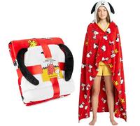 Peanuts Snoopy Coperta con Cappuccio per Donne, Bambini e Adolescenti 130x150 cm, Poncho Plaid in Pile Caldo, Coperta Indossabile Morbido, Idea Regalo Originale (Rosso Peanuts)