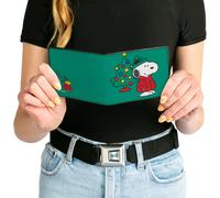 Peanuts Wallet, Bifold, Snoopy and Woodstock Holiday Red Puffer Jacket Pose Gree