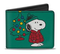 Peanuts Wallet, Bifold, Snoopy and Woodstock Holiday Red Puffer Jacket Pose Gree