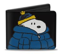 Peanuts Wallet, Bifold, Snoopy Holiday Blue Puffer Jacket Pose Black, Vegan Leat
