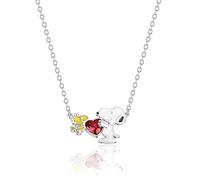 Peanuts Womens Snoopy and Woodstock Red Crystal Heart Necklace 18" - Silver Plated Snoopy Necklace - Official License