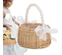 Pearl Flower Girl Basket - Pearl Handle Bow Ribbon Wedding Petal Basket, Wicker Basket with Handle, Fairy Flower Basket, Handwoven Easter Basket for Wedding Home Decor