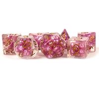 Pearl Pink Dice with Copper Numbers Resin 16mm (5/8in) 7 Dice Set Metallic Dice