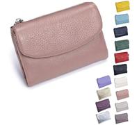 Pebble - Portafoglio in vera pelle morbida a tre pieghe con blocco RFID, con tasca per monete, scomparti per carte di identità, piccola pochette per viaggi, lavoro, uso quotidiano, rosa, S, Casual