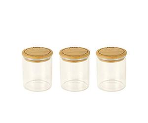 PEBBLY - Set di 3 barattoli Rotondi in Vetro per spezie con coperchi in bambù - Confezione da 3 - Conserva Facilmente spezie ed Erbe aromatiche, conservazione ottimizzata per Una Cucina Ecologica