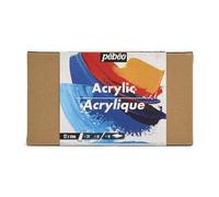 Pébéo - Acrilici da Studio - Set 12 Tubi 20 Ml Colori assortiti + Accessori - Kit di pittura acrilica per artisti e principianti - Pennelli + Spatola + Tela - Colori luminosi