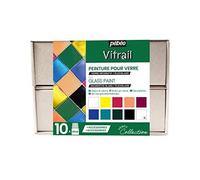 Pebeo - cofanetto collezione vitrail - set pittura su vetro - 10 flaconi da 45 ml - colori assortiti + 2 tubetti cerne relief 20 ml + 1 tavolozza + 1 pennello ventaglio n.6 + 1 spugna + guida creativa