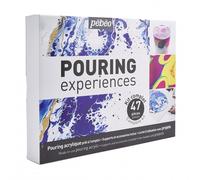 Pebeo Kit Pouring Experiences Cofanetto Fluid Art Acrilici Premiscelati Pronti all’Uso-8 Flaconi 118ml Colori Assortiti, Olio Silicone 50ml, 4 Cartoni Telati, Materiali, Guida, Set da 47 pezzi