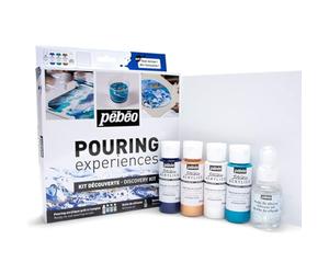 Pebeo Kit Discovery Pouring Experiences-Colori Acrilici Premiscelati Pronti all’Uso-4 Flaconi 59ml + Olio di Silicone 50ml + 1 Cartone Telato, Bianco, Blu, Turchese, Oro, Set da 5 pezzi, 50 unità