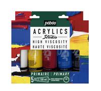 PEBEO Set di Pittura Acrilica-5 Tubetti da 100 ml + Ruota Cromatica, Bianco Titanio Giallo Primario Magenta Primari, Ciano Primario Nero di Marte, 5 x 100 ML