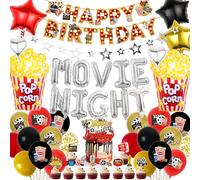 Pecration Accessori per la notte del cinema: decorazioni per cupcake, palloncini argentati a forma di stella popcorn, striscione di buon compleanno, decorazione per feste a tema film di compleanno
