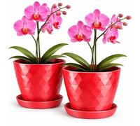PECZEKO Vaso da fiori lucido in plastica, vaso decorativo per piante grandi e piccole, set da 2 vasi per fiori con sottovaso, vaso per erbe, rosso chiaro, Ø 20 cm