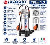 Pedrollo TIGm 1.3 TRITUS-INOX Pompa Trituratore 1,3kW 1,75HP 230V
