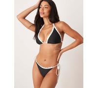 Peek & Beau - Top bikini a triangolo nero con bordi smerlati a contrasto 18E-F