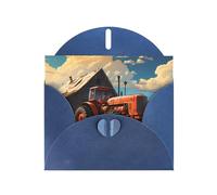 PEGQCVAM Biglietto di auguri con trattore rosso della fattoria. Biglietto di auguri di lusso blu perlato, cartoncino premium per tutte le occasioni