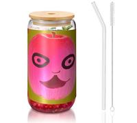 PEGQCVAM Funny Face Peach - Tazza in bambù con coperchio e cannuccia da 473 ml, senza BPA, riutilizzabile, con coperchio in bambù e cannuccia in vetro, per bevande calde o fredde.