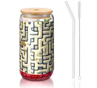 PEGQCVAM Labirinto mappa del tesoro 473,6 ml coperchio e cannuccia tazza di bambù senza BPA tazza riutilizzabile con coperchio in bambù e cannuccia di vetro per bevande calde o fredde.