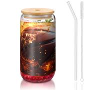 PEGQCVAM Pallacanestro sul fuoco e fiamma dell'acqua spruzzando coperchio in bambù e cannuccia tazza da 473,6 g. Senza BPA. Tazza riutilizzabile con coperchio in bambù e cannuccia di vetro per bevande