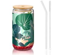 PEGQCVAM Piante verdi in vaso da interni in vaso con coperchio in bambù e tazza di paglia, senza BPA, riutilizzabile, con coperchio in bambù e cannuccia in vetro per bevande calde o fredde.
