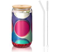 PEGQCVAM Tavolozza di colori rotonda 16 once coperchio in bambù e tazza di paglia. Bpa gratis. Tazza riutilizzabile con coperchio in bambù e cannuccia di vetro per bevande calde o fredde.