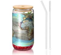 PEGQCVAM Tazza con coperchio e cannuccia in bambù con mappa del mondo dei cartoni animati, senza BPA, riutilizzabile, con coperchio in bambù e cannuccia in vetro, per bevande calde o fredde.