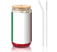 PEGQCVAM Tazza con coperchio in bambù e cannuccia con bandiera italiana, senza BPA, riutilizzabile, con coperchio in bambù e cannuccia in vetro, per bevande calde o fredde.