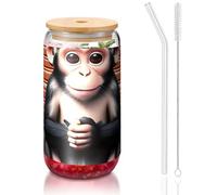 PEGQCVAM The Silent Monkey - Tazza con coperchio in bambù e cannuccia, senza BPA, riutilizzabile, con coperchio in bambù e cannuccia in vetro, per bevande calde o fredde, 470 ml
