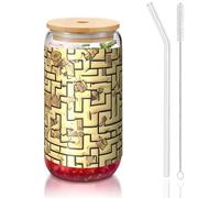 PEGQCVAM Treasure Maze - Tazza con coperchio in bambù e cannuccia, senza BPA, riutilizzabile, con coperchio in bambù e cannuccia in vetro, per bevande calde o fredde