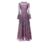 Pegsmio Abito da donna in rete patchwork con paillettes girocollo manica svasata abito da sera per feste autunnali moda, Viola, M