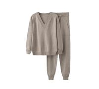Pegsmio - Completo coordinato da donna autunnale e invernale in lana e cashmere, con maglione a V, tuta con cappuccio, set di due pezzi, cachi, Taglia unica