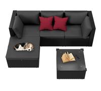 PEILU Set di 5 mobili da giardino in polyrattan resistente alle intemperie, con divano angolare, sgabello, tavolino da caffè e cuscino da seduta, set di intrattenimento per terrazza, balcone, giardino