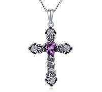 PEIMKO Collana con ciondolo a forma di fiore di rosa in argento Sterling con ciondolo a forma di cuore e religioso, gioiello di fede, regalo cristiano per donne, Argento sterling, Ametista