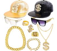 Peirich Accessori Rapper Anni 80/90 per Concerti Rap, Kit Costume Hip Hop, Incluso Occhiali da Sole Cappello Hip Hop e Oro Segno di Dollaro Collana Bracciale Anello