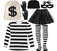Peirich Set costume rapinatore, t-shirt a righe bianche e nere, gonna tutù, sacchetti di tela con simbolo del dollaro, berretto lavorato a maglia, maschera per gli occhi per cosplay, ladro, feste a