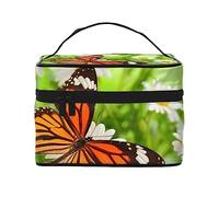 PEIXEN Trousse per trucchi con farfalla su margherita, borsa per cosmetici, borsa da toilette portatile, organizer da viaggio, borsa per il trucco da donna, nera, taglia unica, Nero , Taglia unica
