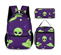 peiyeety Alien Art Purple Bookbag Set Zaino con Lunch Box e Borsa per Cosmetici Zaino con Lunch Box e Borsa per Trucchi