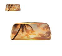 peiyeety Astuccio portapenne in pelle con motivo tropicale, spiaggia, palme e tramonto, con cerniera, portapenne portatile, impermeabile e carino, per ufficio