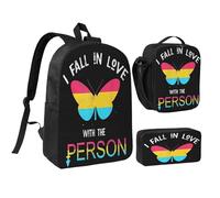 peiyeety Bandiera arcobaleno LGBT Gay Pride Farfalla Mi innamoro della persona Queer Pansexual Zaino da 17 pollici Set Borsa per il pranzo Zaino leggero per uomo Donna 3 pezzi