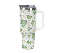 peiyeety Bicchiere da 40 oz con manico e cannuccia, bicchiere con coperchio e cannuccia, tazza da viaggio isolata in acciaio inossidabile con motivo a cuore verde e, manico bianco