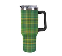 peiyeety Bicchiere da 40 oz con manico e cannuccia, bicchiere con coperchio e cannuccia, tazza da viaggio isolata in acciaio inossidabile (vintage, a quadri, verde, manico nero)