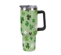 peiyeety Bicchiere da 40 oz con manico e cannuccia, bicchiere con coperchio e cannuccia, tazza da viaggio isolata in acciaio inossidabile (manico nero con motivo a trifogli)