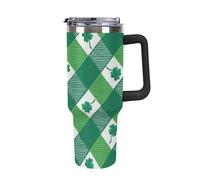 peiyeety Bicchiere da 40 oz con manico e cannuccia, bicchiere con coperchio e cannuccia, tazza da viaggio isolata in acciaio inossidabile (manico nero con motivo a trifoglio)