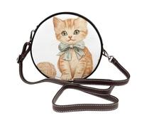 peiyeety Borsa a tracolla da donna rotonda con gatto vintage e fiocco blu, borsa a mano in pelle.