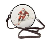 peiyeety Borsa a tracolla rotonda da donna con Babbo Natale che scia in stile vintage ad, borsa a tracolla in pelle.